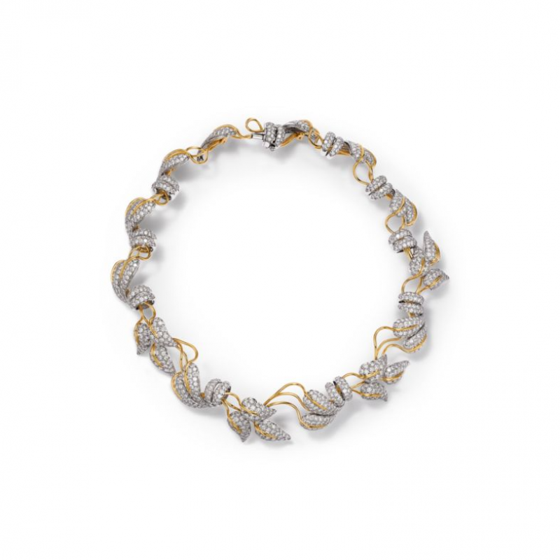 Vòng cổ lá bằng bạch kim  và vàng, đính kim cương 